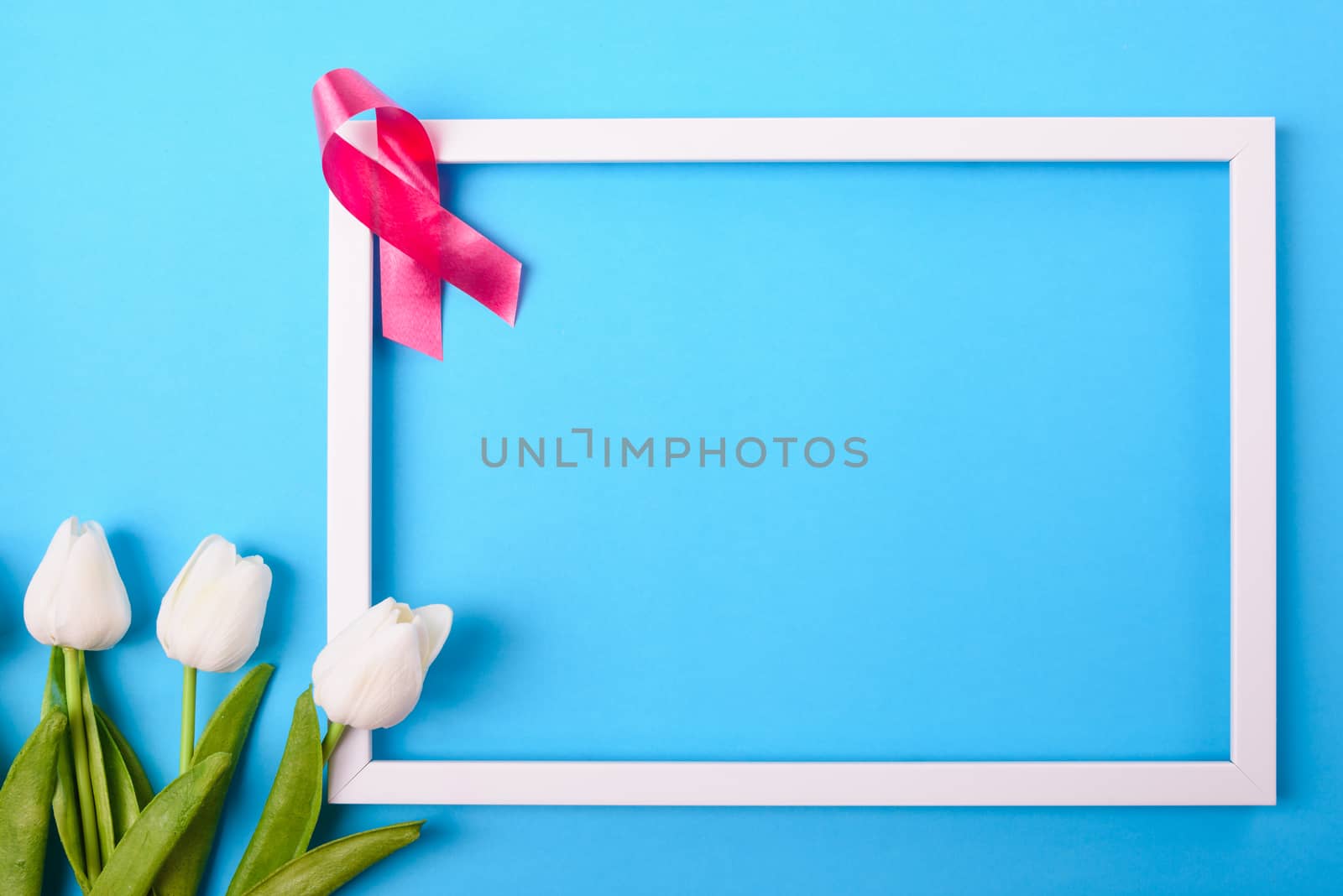 Breast cancer month concept, flat lay top view, pink ribbon and Tulip Flower with photo frame on blue background with copy space for your text