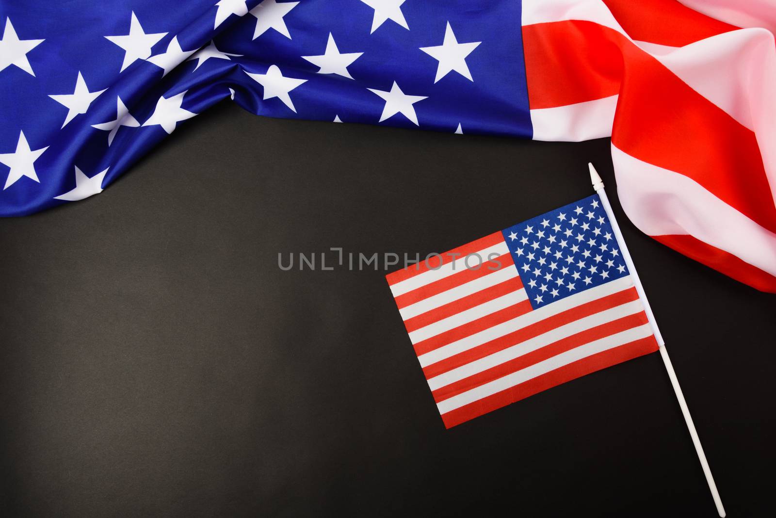 Martin luther king day, flat lay top view, American flag democracy on black background with copy space for your text