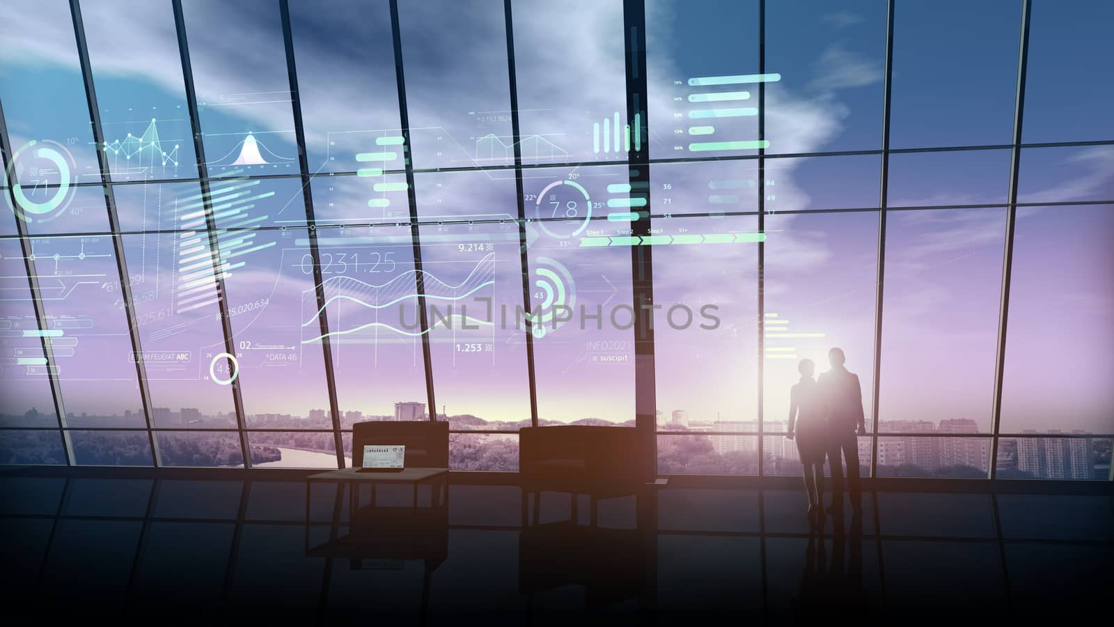 Handshake of business people and an array of data in virtual reality on the background of panoramic windows of a modern office.