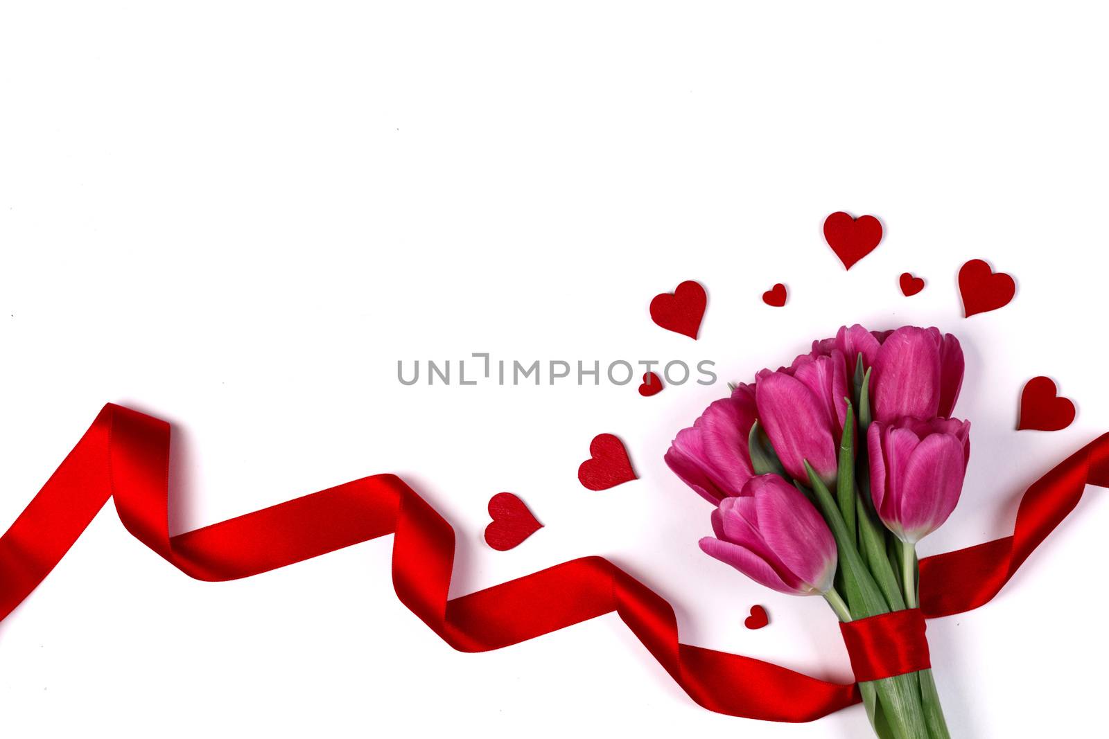 Valentines day hearts and pink tulip flowers isolated on white background