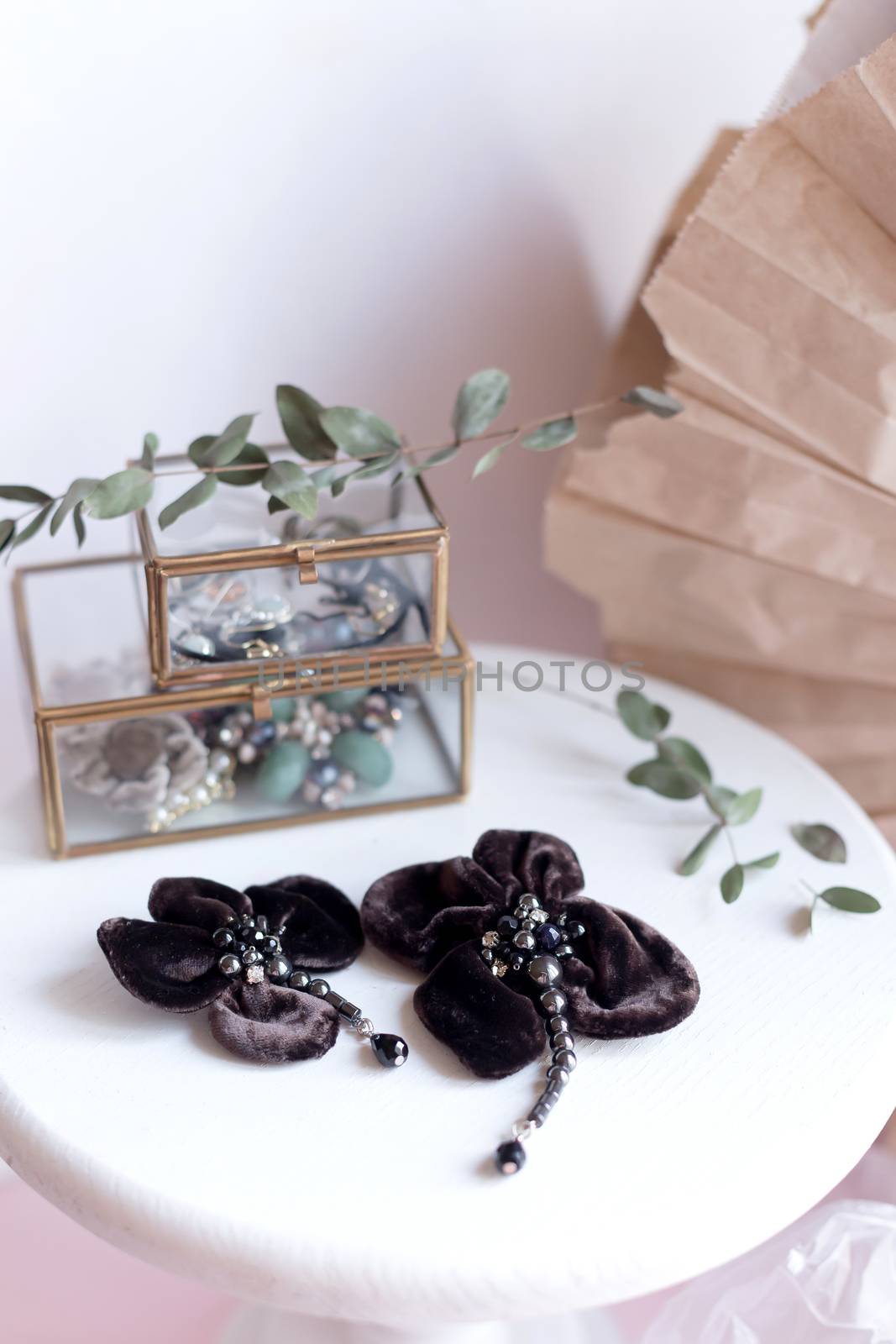 Beautiful fashion accessory. Handmade accessories brown brooch on white and brown background. by Denys_N