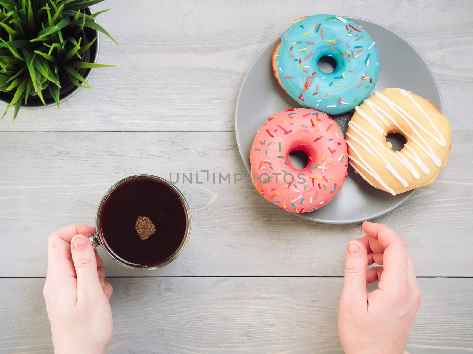 Woman hands with coffee and assorted donuts over gray wooden table. Top view of colorful donuts and coffee on grey wooden background.