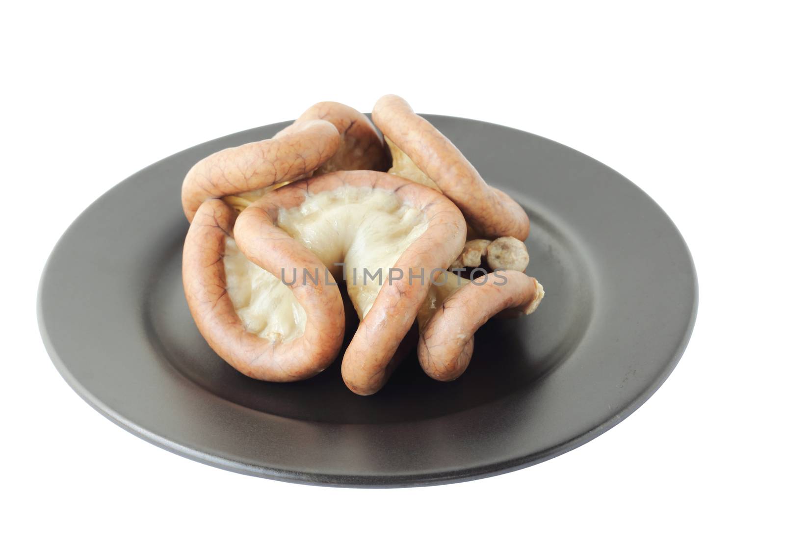 Chitterlings internal organs of pig isolated on white plate, clipping path.