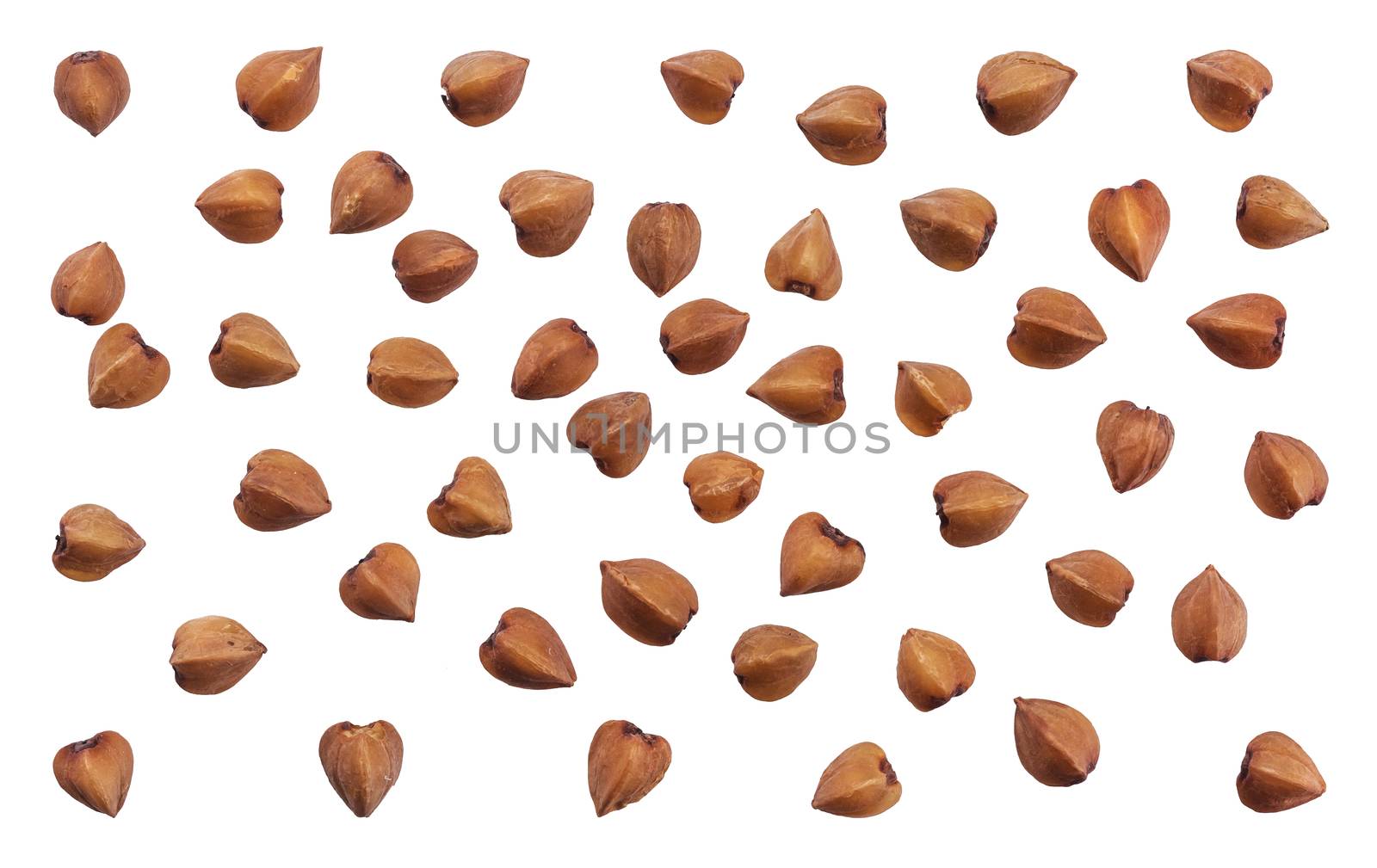 Close up of buckwheat grains isolated on white background with clipping path. Top view