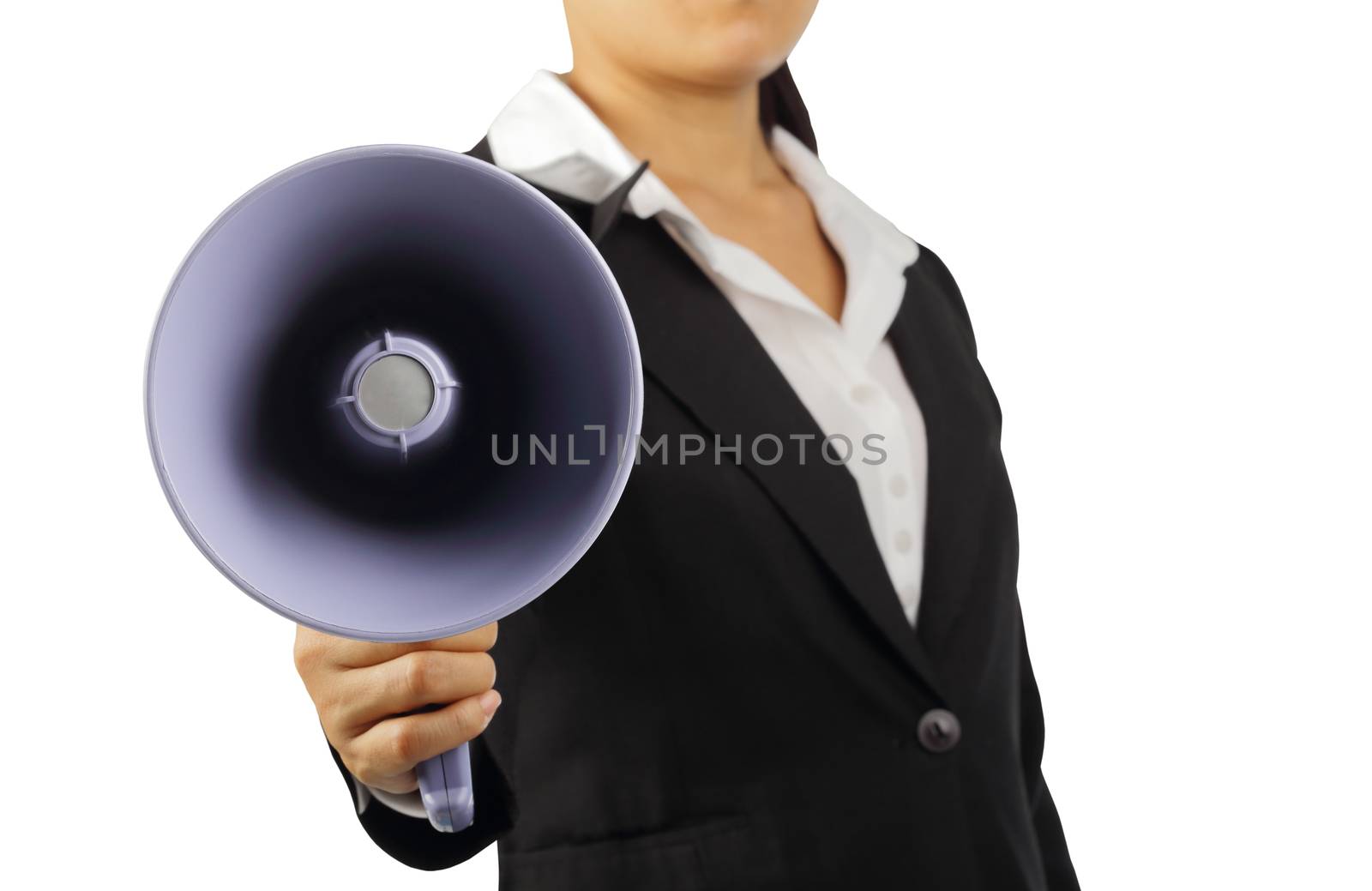 Front view of businesswoman holding megaphone isolated on white background, clipping path.