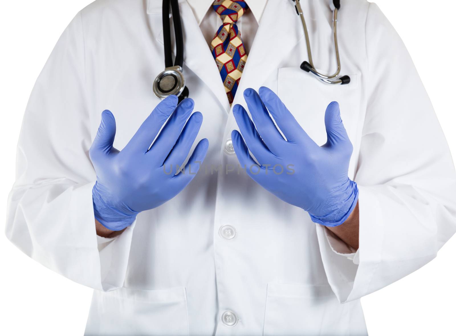 Doctor with blue latex gloves on hands by tab1962