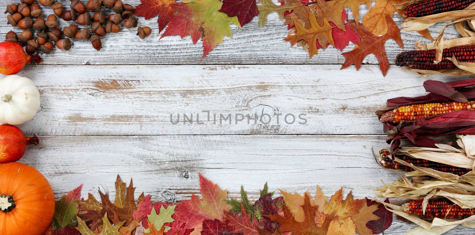 Autumn decorations in complete border on white rustic wooden boa by tab1962