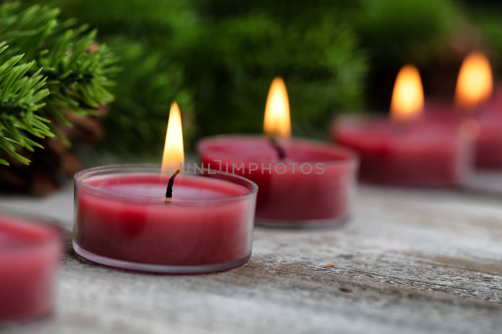 Close up view of traditional glowing Christmas holiday candles with evergreen branches in background 