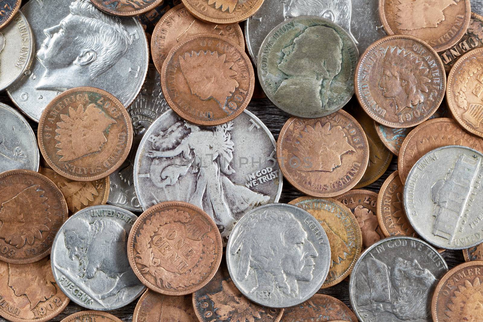 Pile of vintage American coins