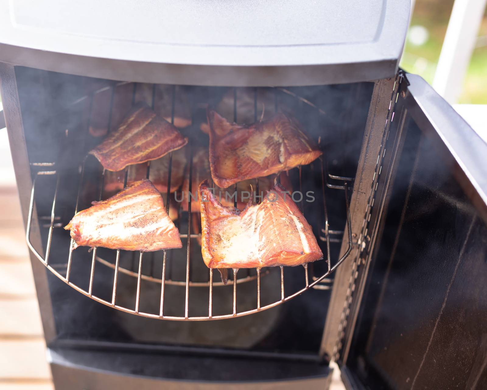 Open smoker with fresh fillet of salmon being cooked in close up by tab1962