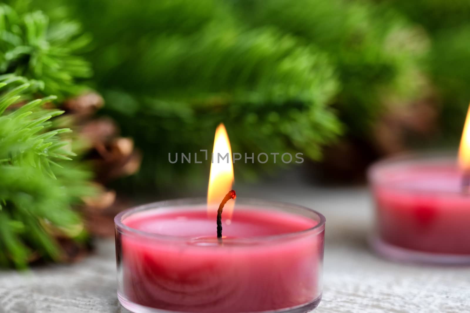 Single traditional glowing Christmas holiday candle with evergreen branches in background 