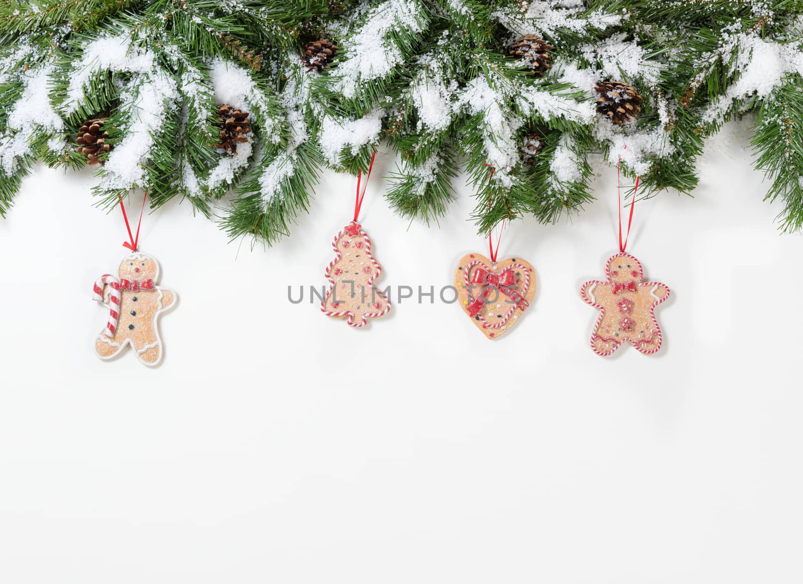 Christmas snowy tree branches and cookie ornaments on white back by tab1962