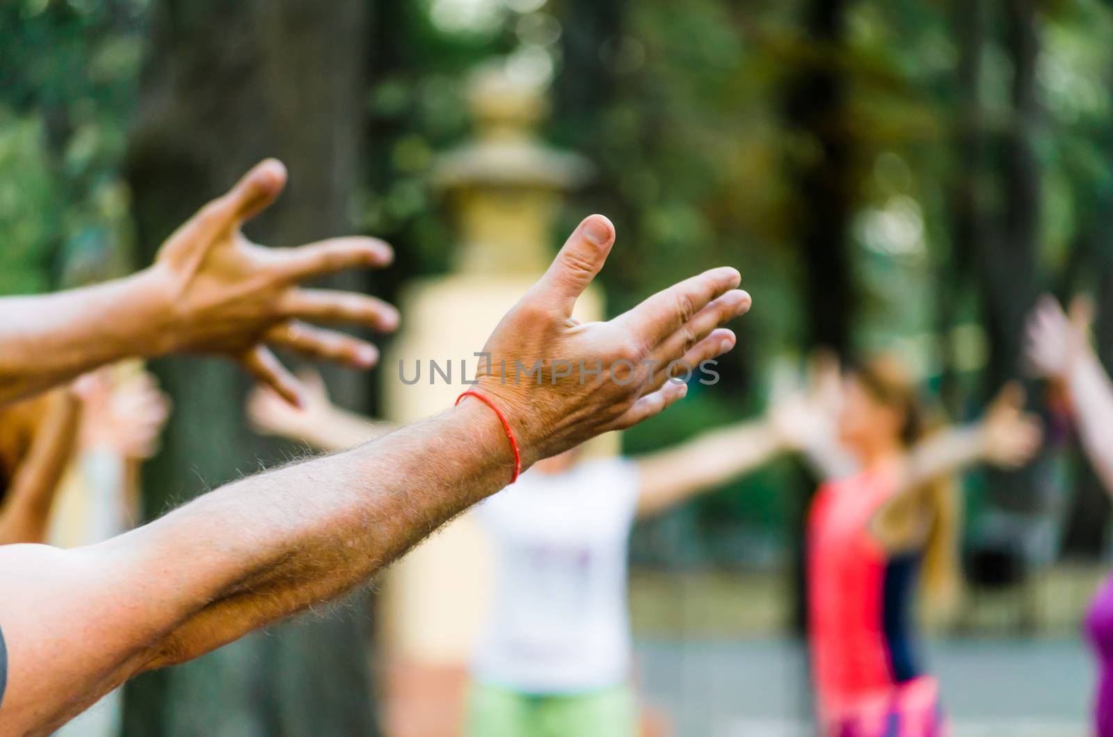 hands and palms of people are raised up yoga in the park