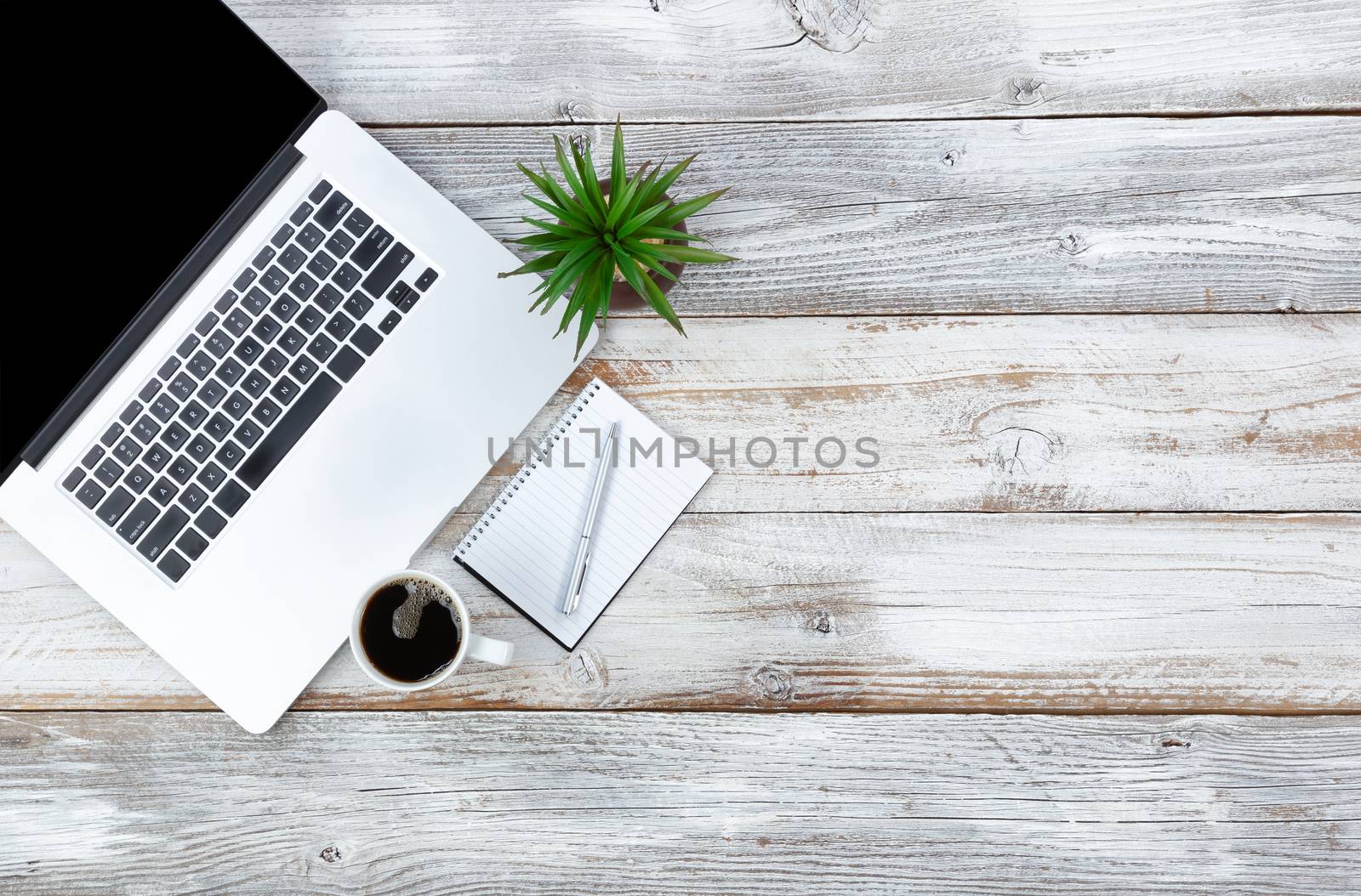 Top view of working desktop and writing stationery, coffee and b by tab1962