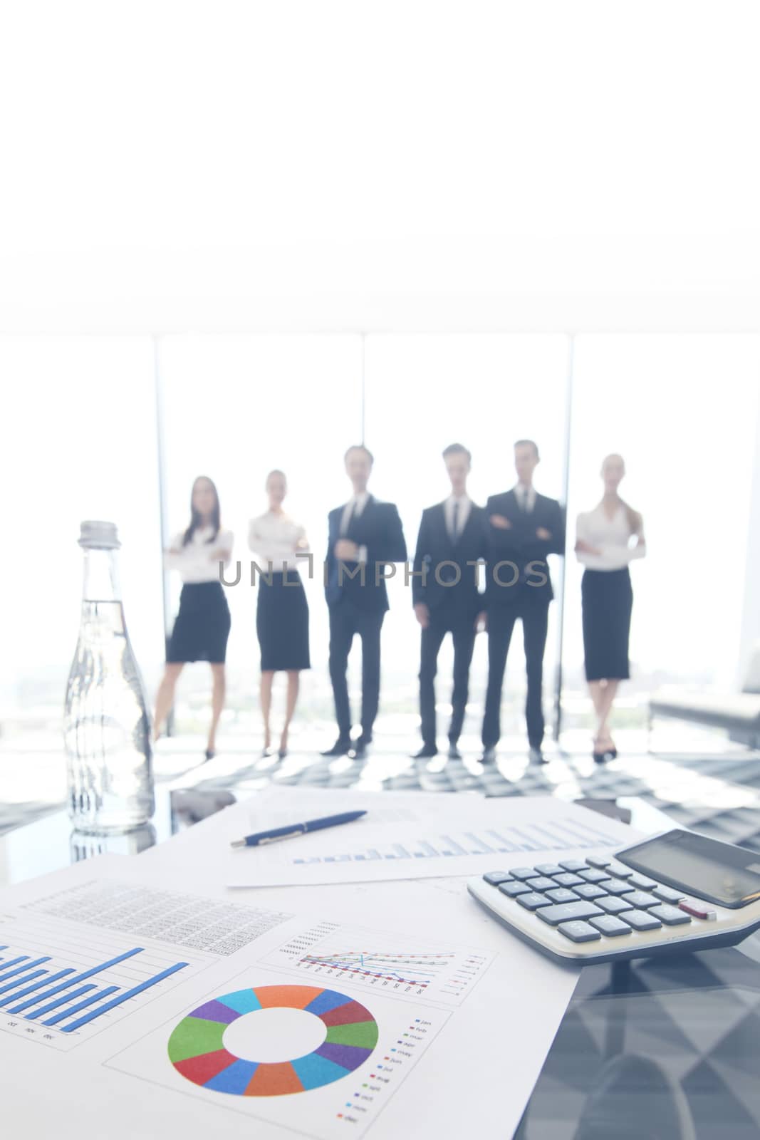 Close-up of business financial documents with diagrams lying on the desk, office workers meeting in the background