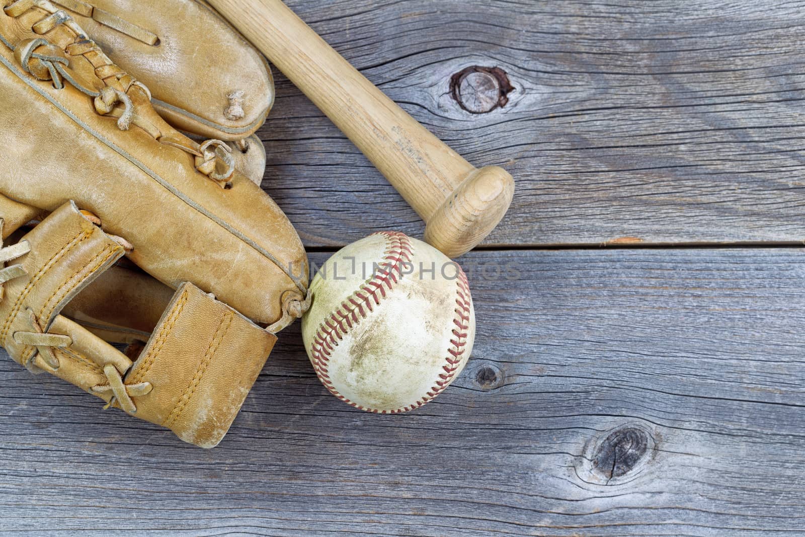 Old Baseball equipment on Aged Wood  by tab1962