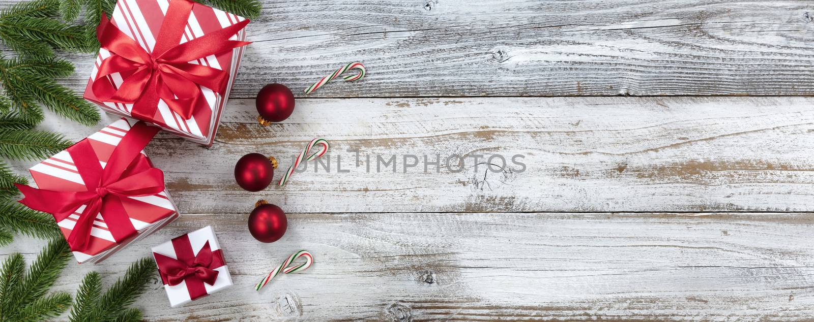 Merry Christmas holiday border on white weathered wooden backgro by tab1962