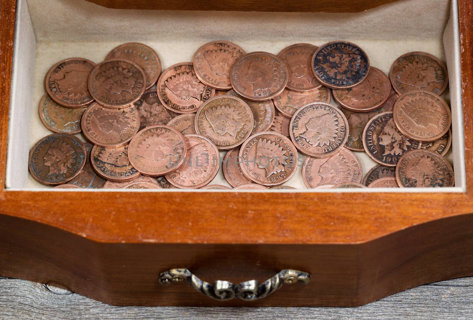 Oak antique dresser drawer filled with old Indian Head Cents  by tab1962