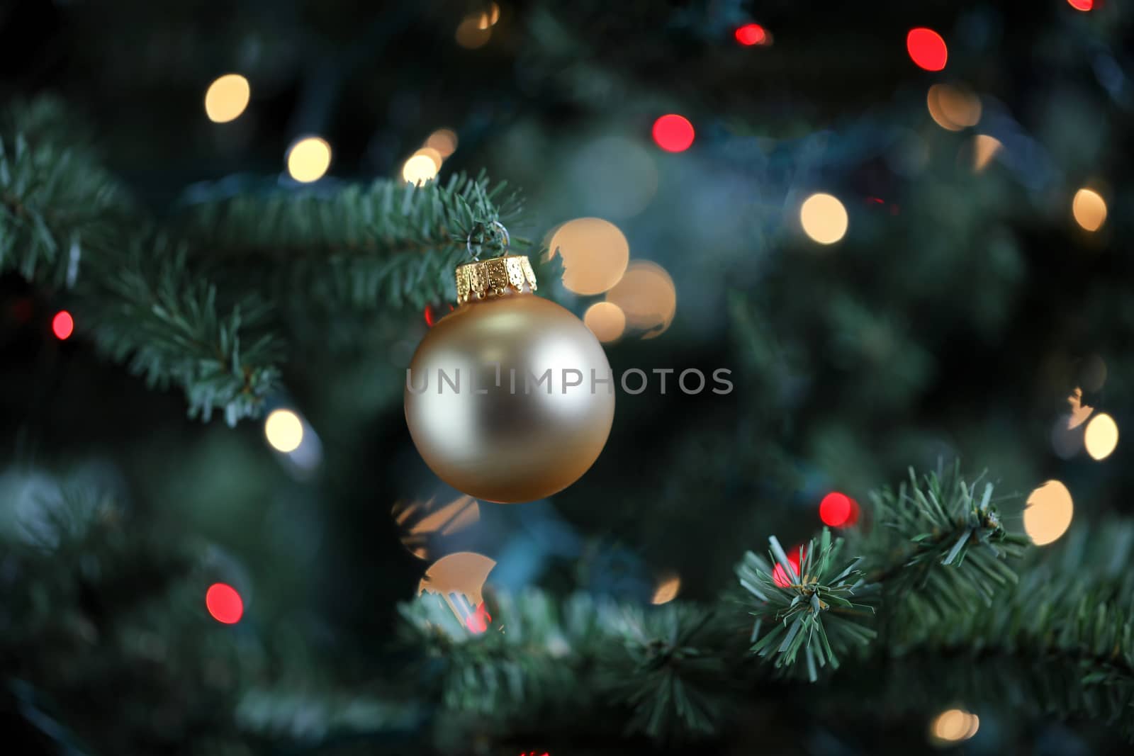 Traditional artificial Christmas tree with gold ball ornament and glowing colorful lights in background 