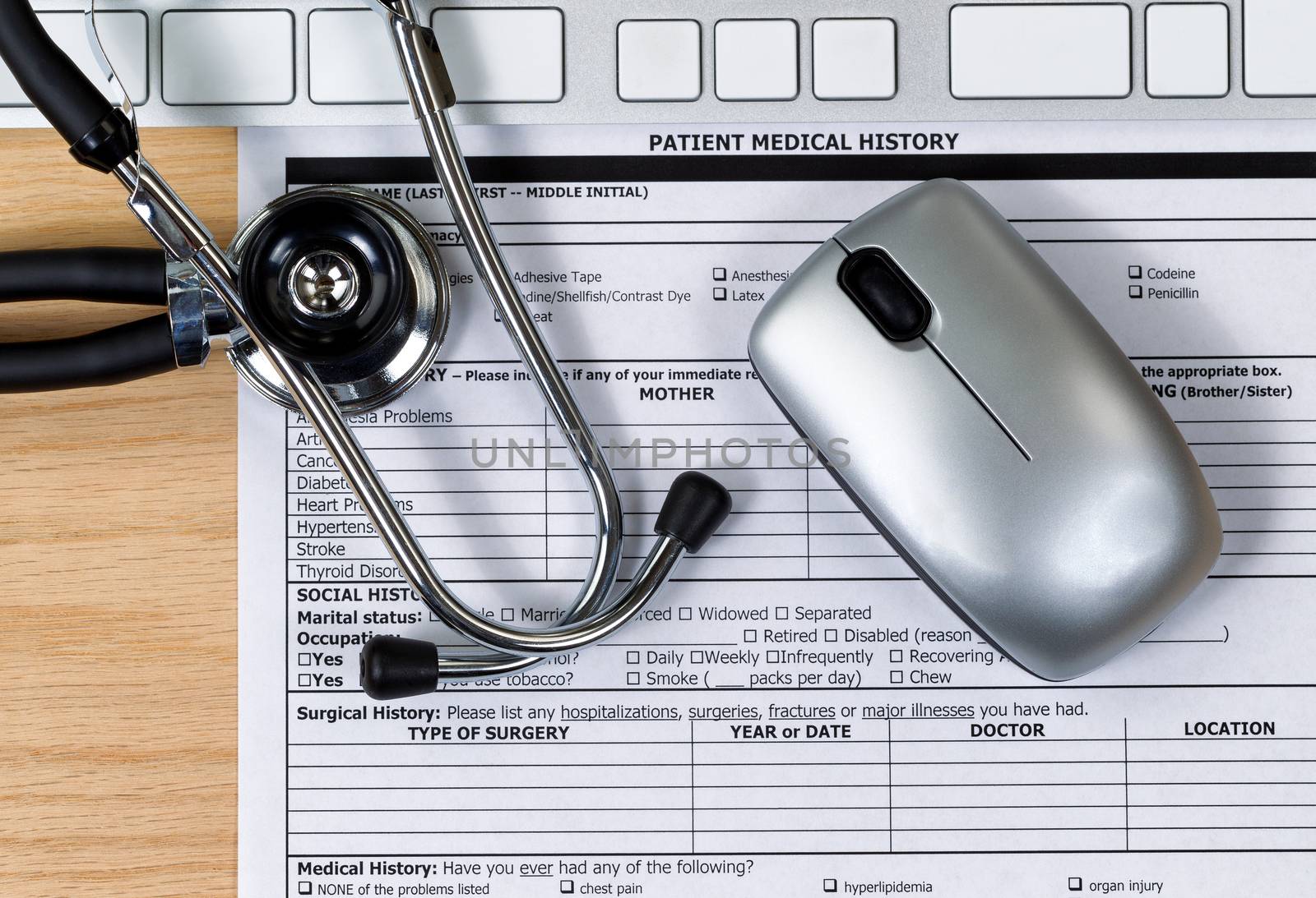 Wooden desktop with Patient history form and equipment  by tab1962