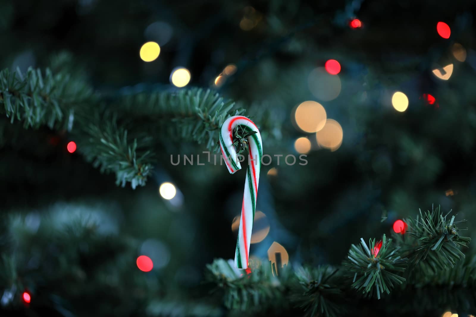 Traditional artificial Christmas tree with candy cane ornament and glowing lights in background 