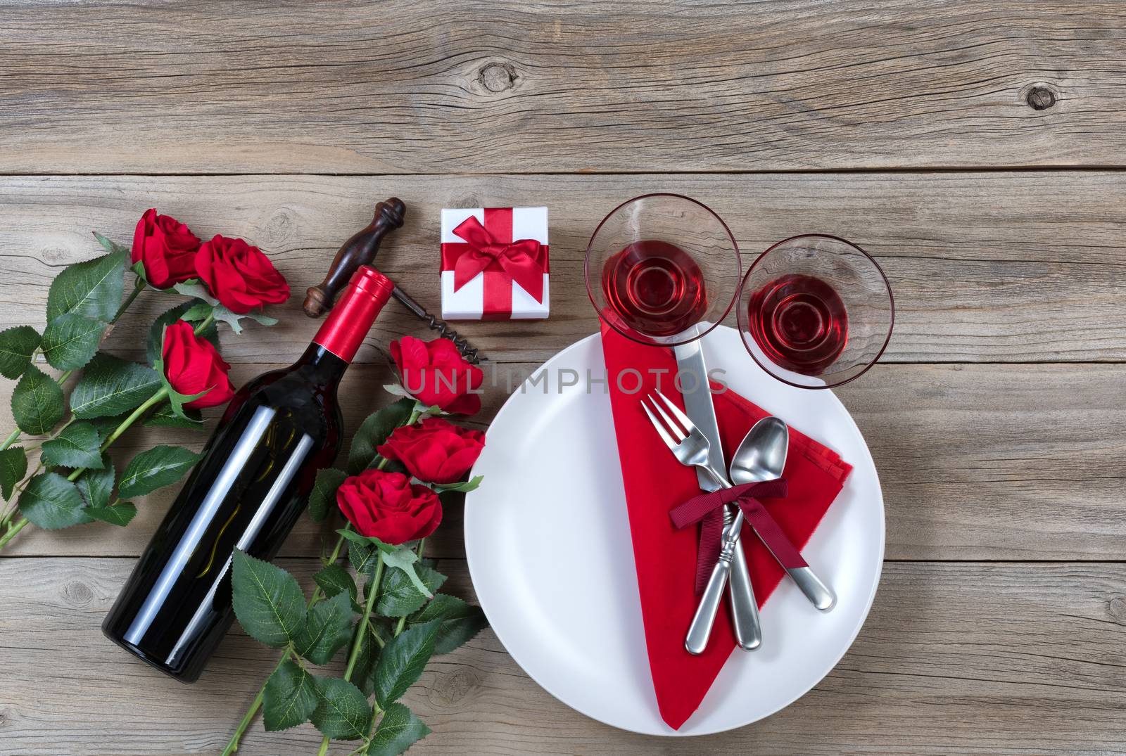 Happy Valentine Dinner Setting on rustic wooden background by tab1962