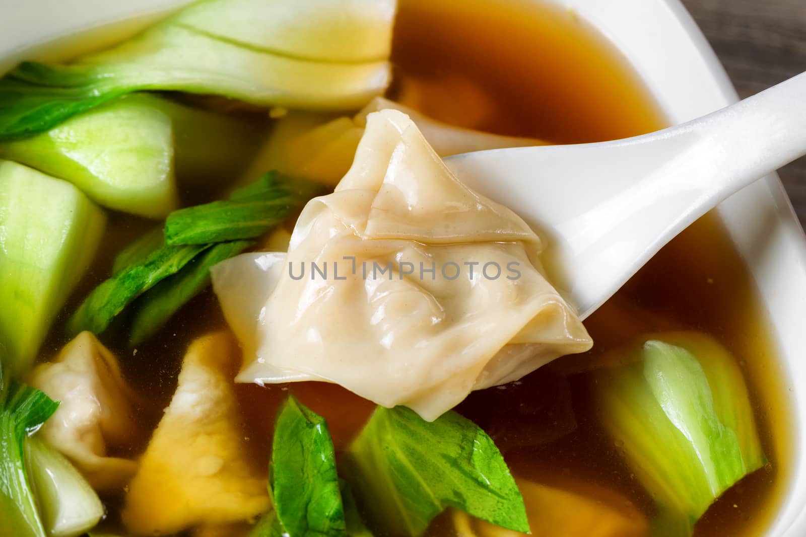 Chinese wanton soup with bok choy ready to eat  by tab1962