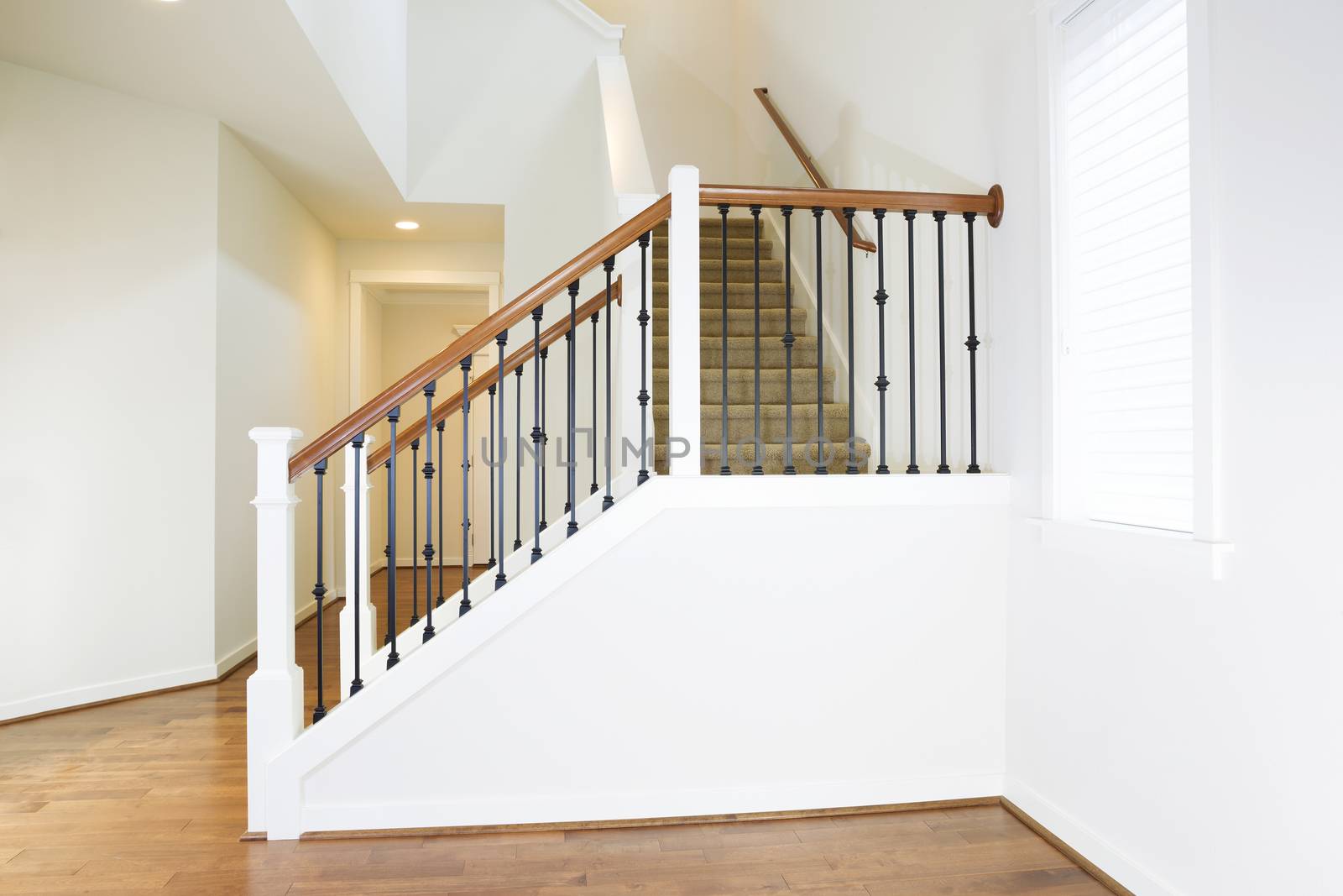 Horizontal photo of residential hard wooden floors and custom staircase made of iron and wood railing with carpet on steps