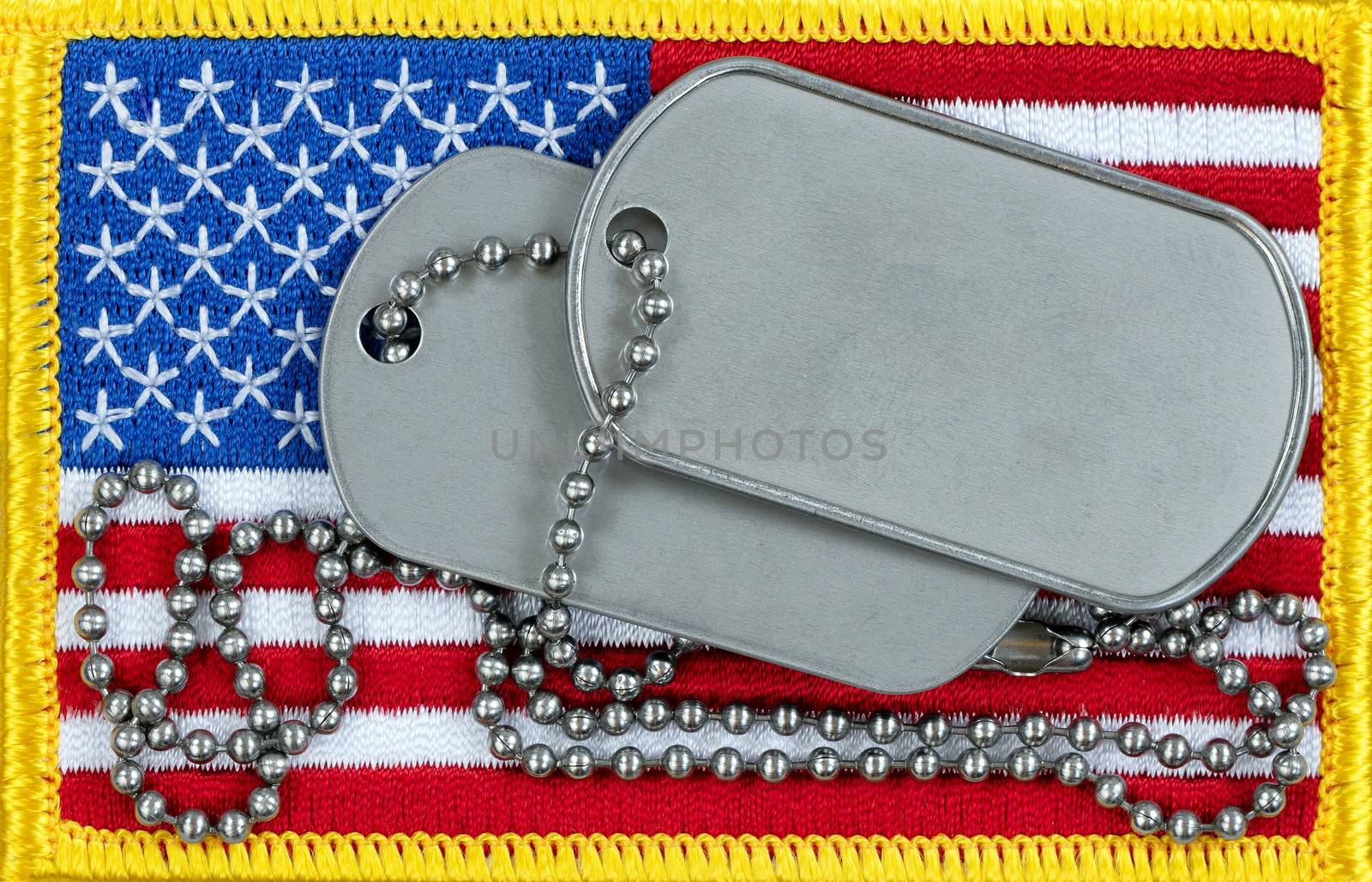 Memorial or Veterans day background with United States flag and ID tags