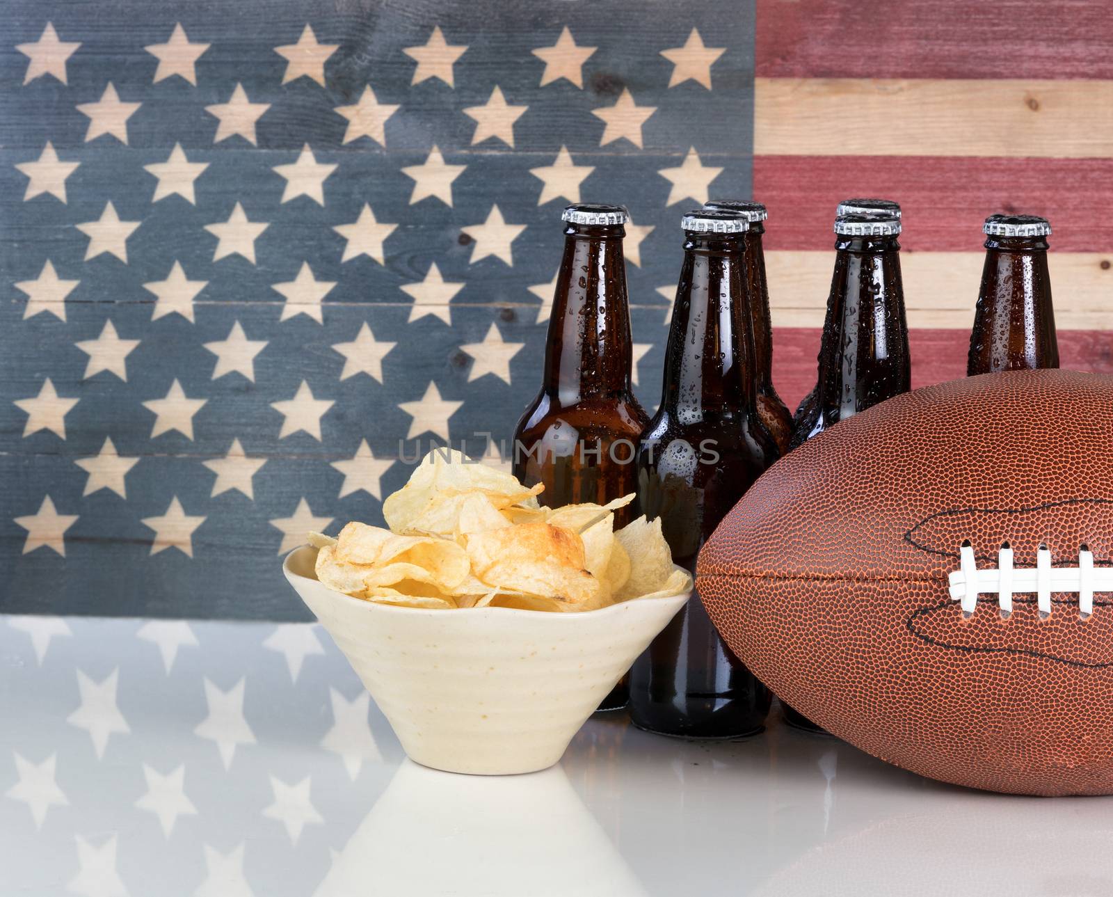 American football plus food and drink with United States flag in by tab1962