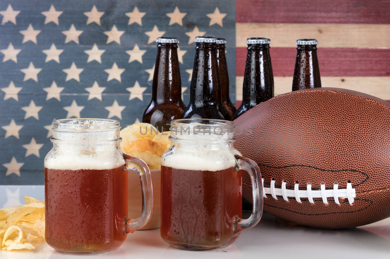 American football plus beer and chips with USA flag in backgroun by tab1962