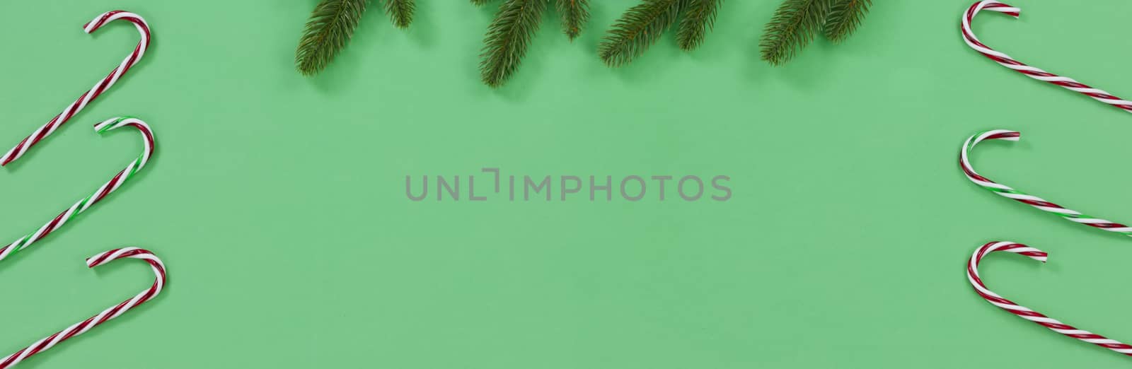 Bright green background with candy canes and fir branches for th by tab1962