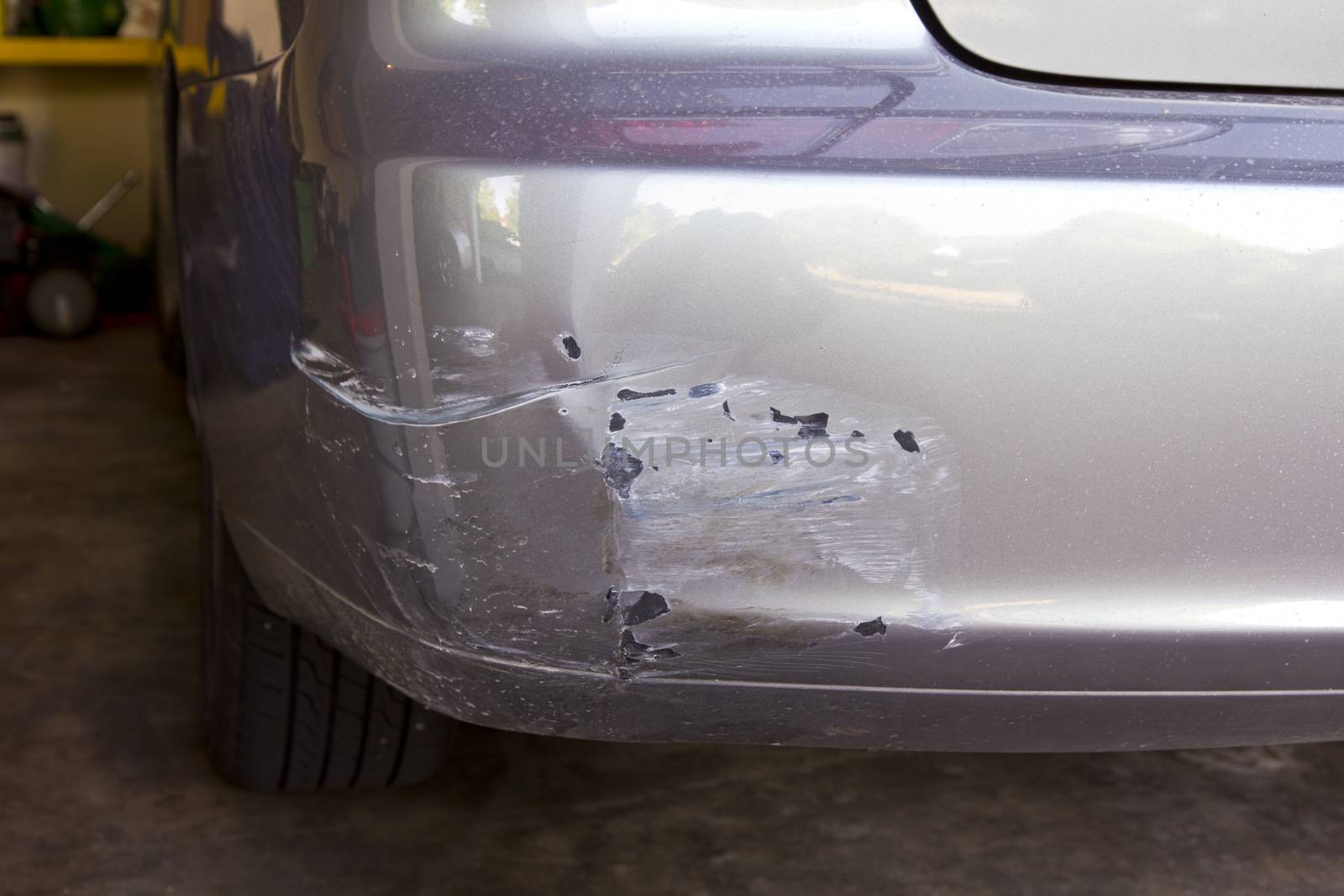 Rear bumper of car damaged in car wreck