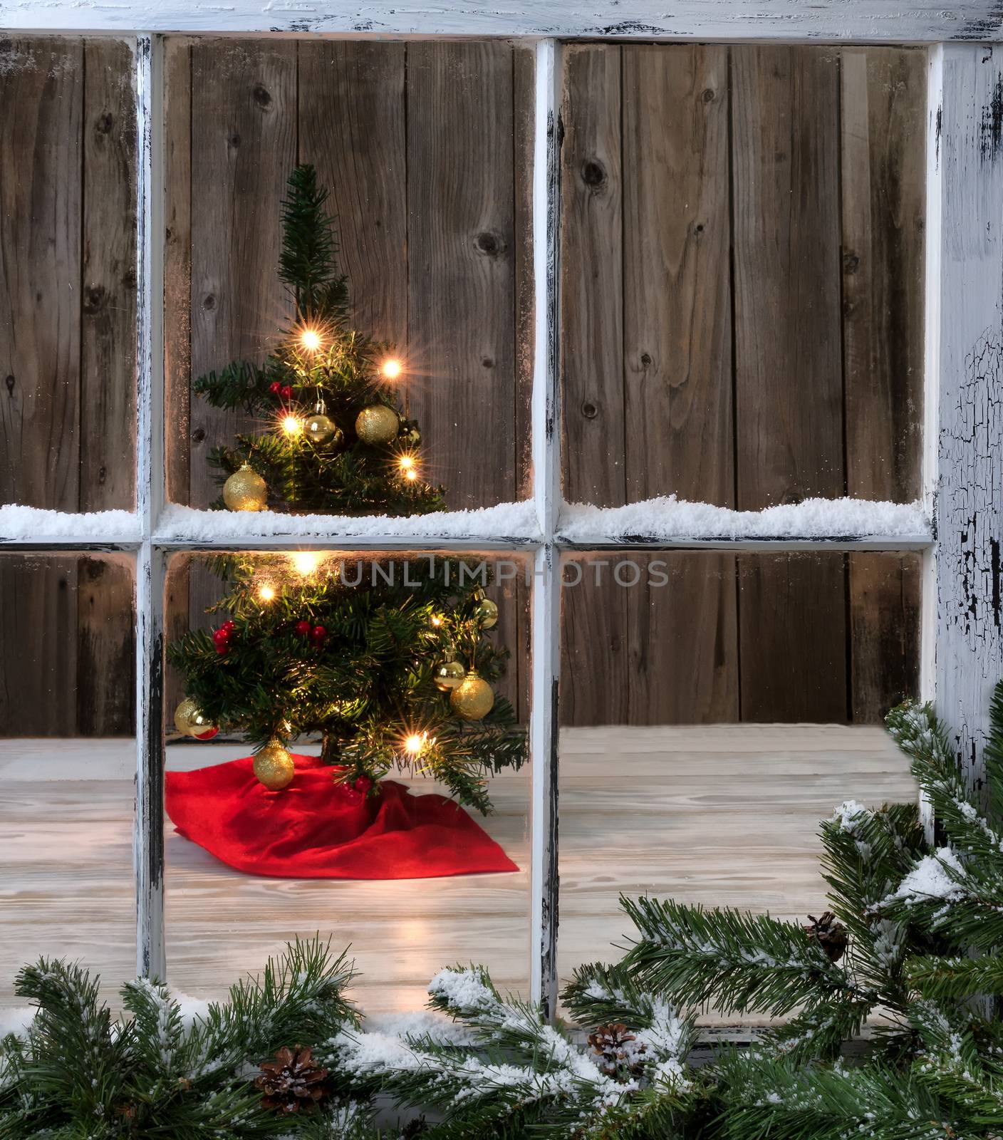 Christmas Tree decoration on wooden background with outdoor window in forefront