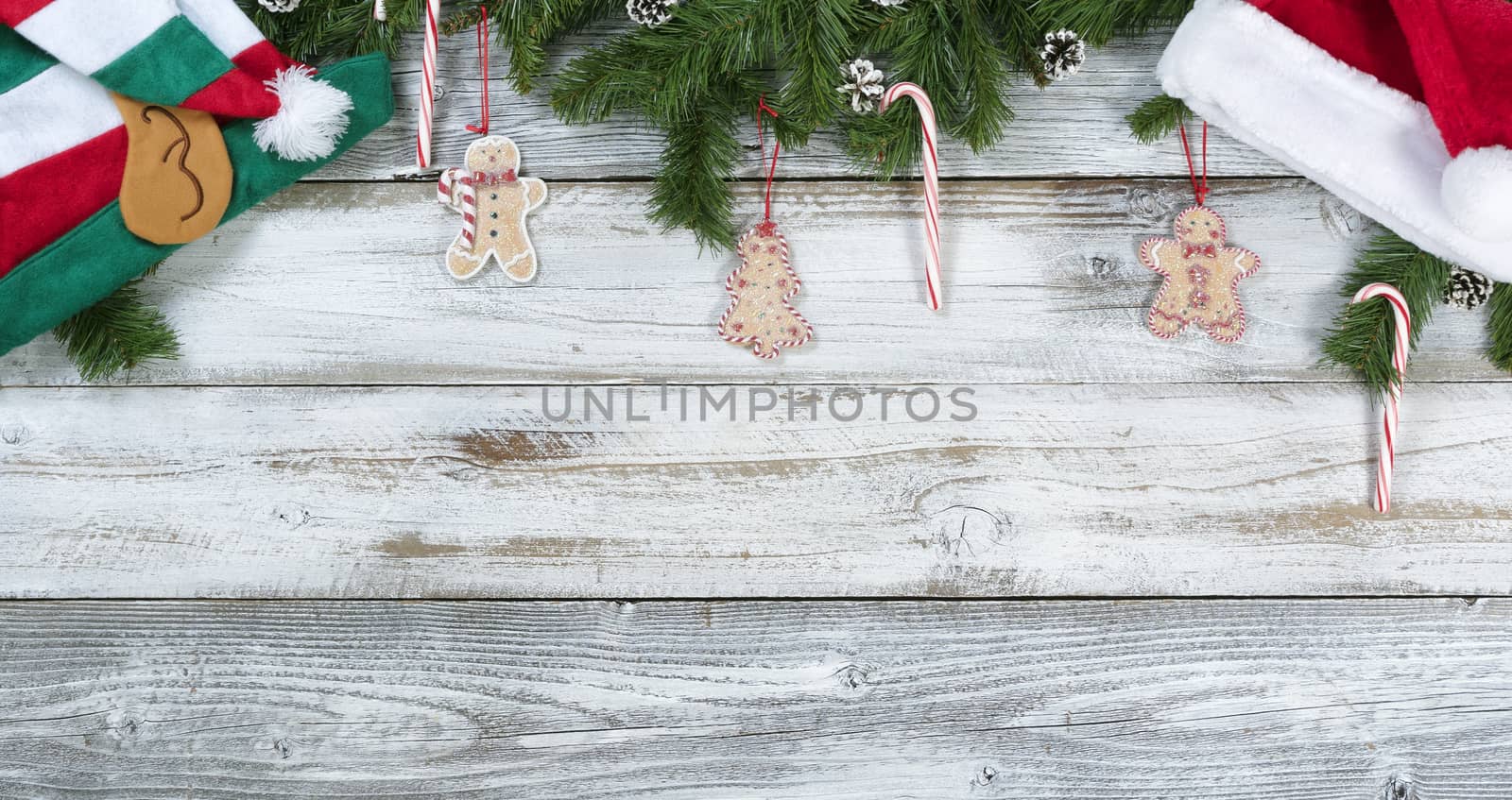 Christmas traditional decorations on rustic wood in flat lay format