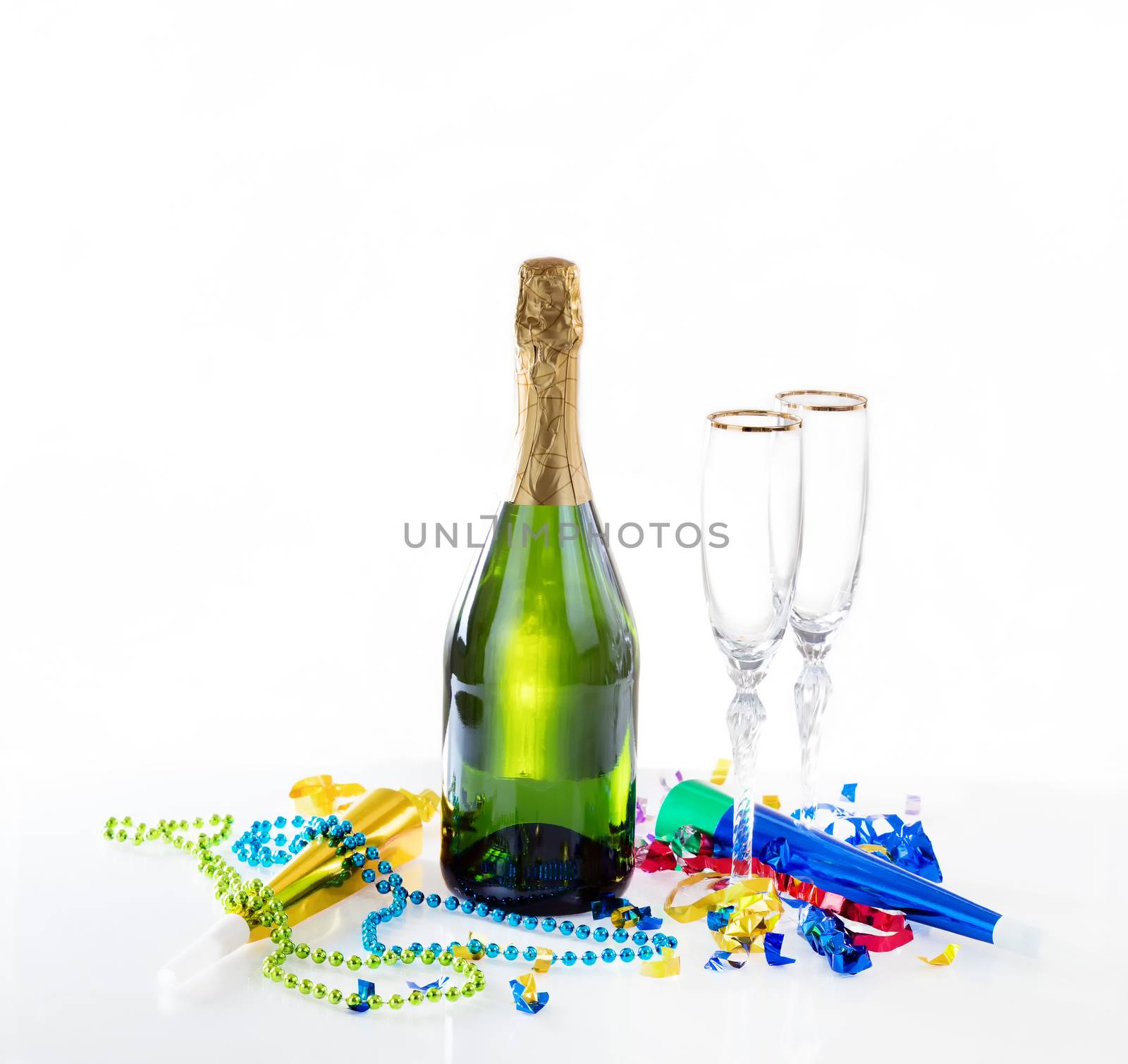 New Year eve party decorations and champagne with drinking glass by tab1962