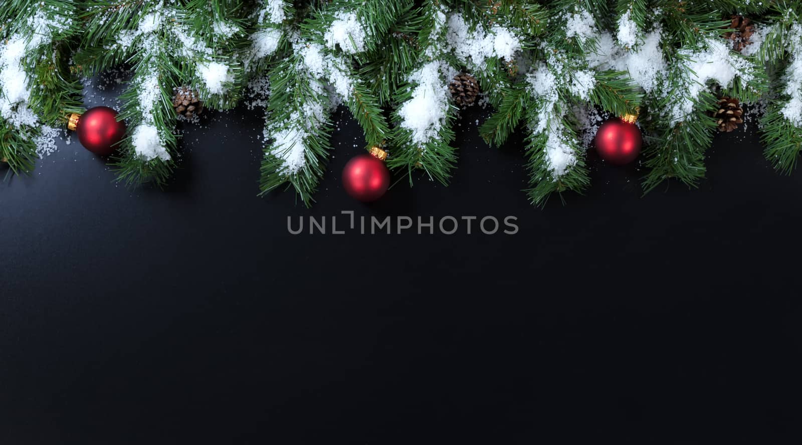 Snowy Christmas branches with red ornaments on black background  