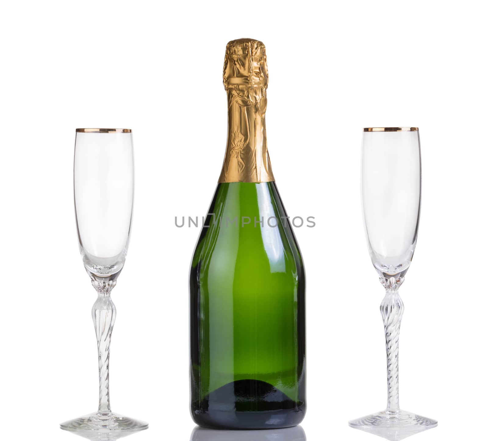 Unopened bottle of champagne and drinking glasses isolated on wh by tab1962