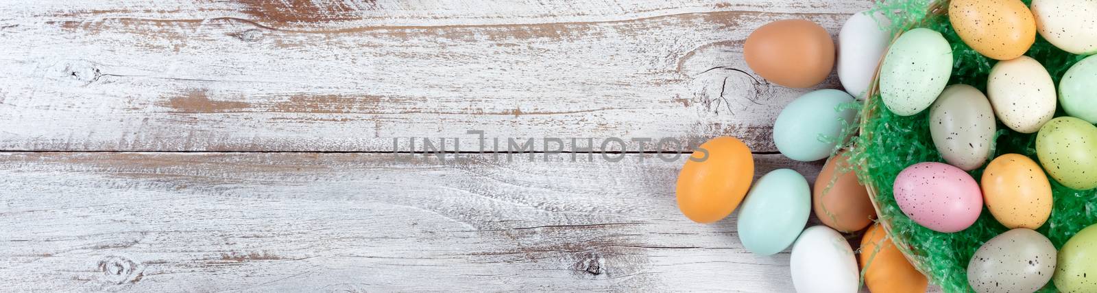Basket filled with colorful eggs forming right border on rustic white wood for Easter concept 