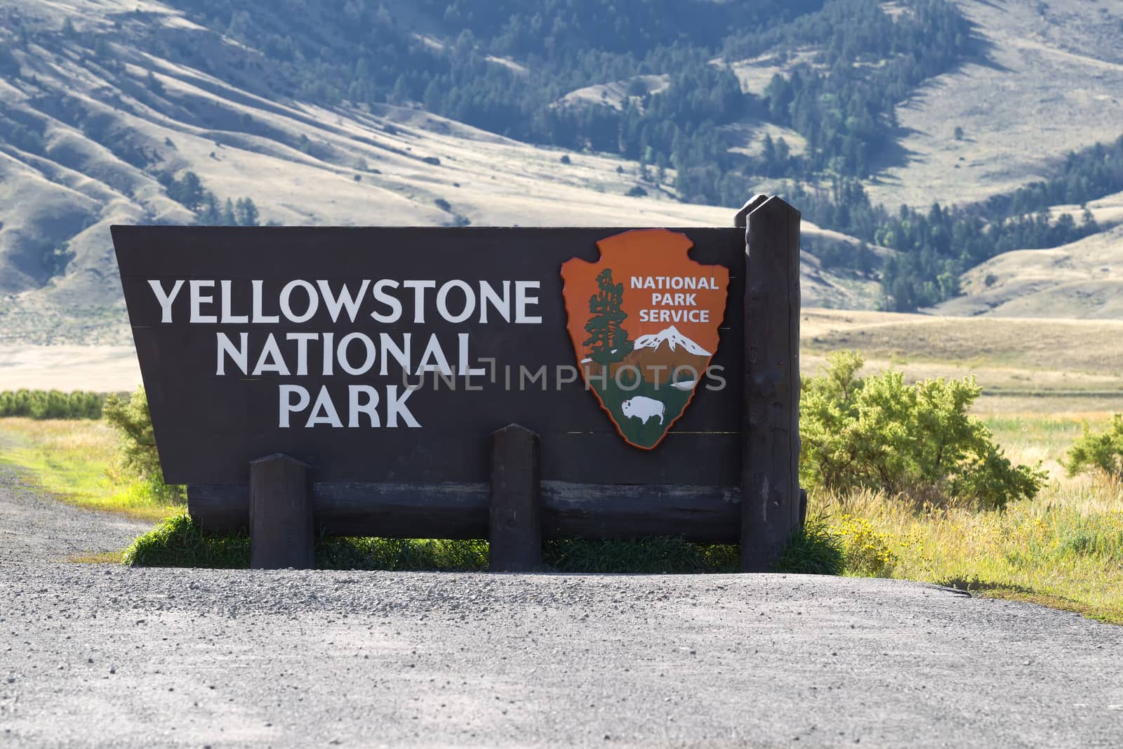 Closeup horizontal image of Yellowstone National Park sign at the north entrance in Montana 