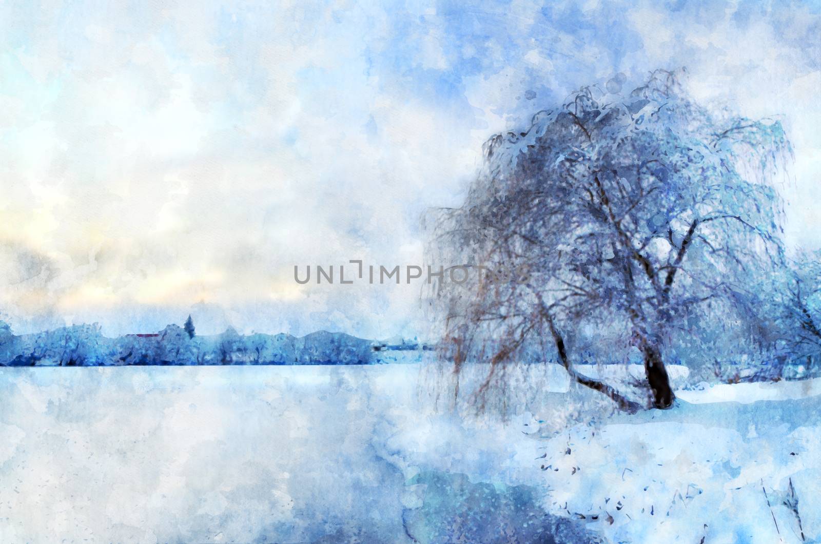 Winter landscape with a lake and a tree in frost. Stylization in watercolor drawing