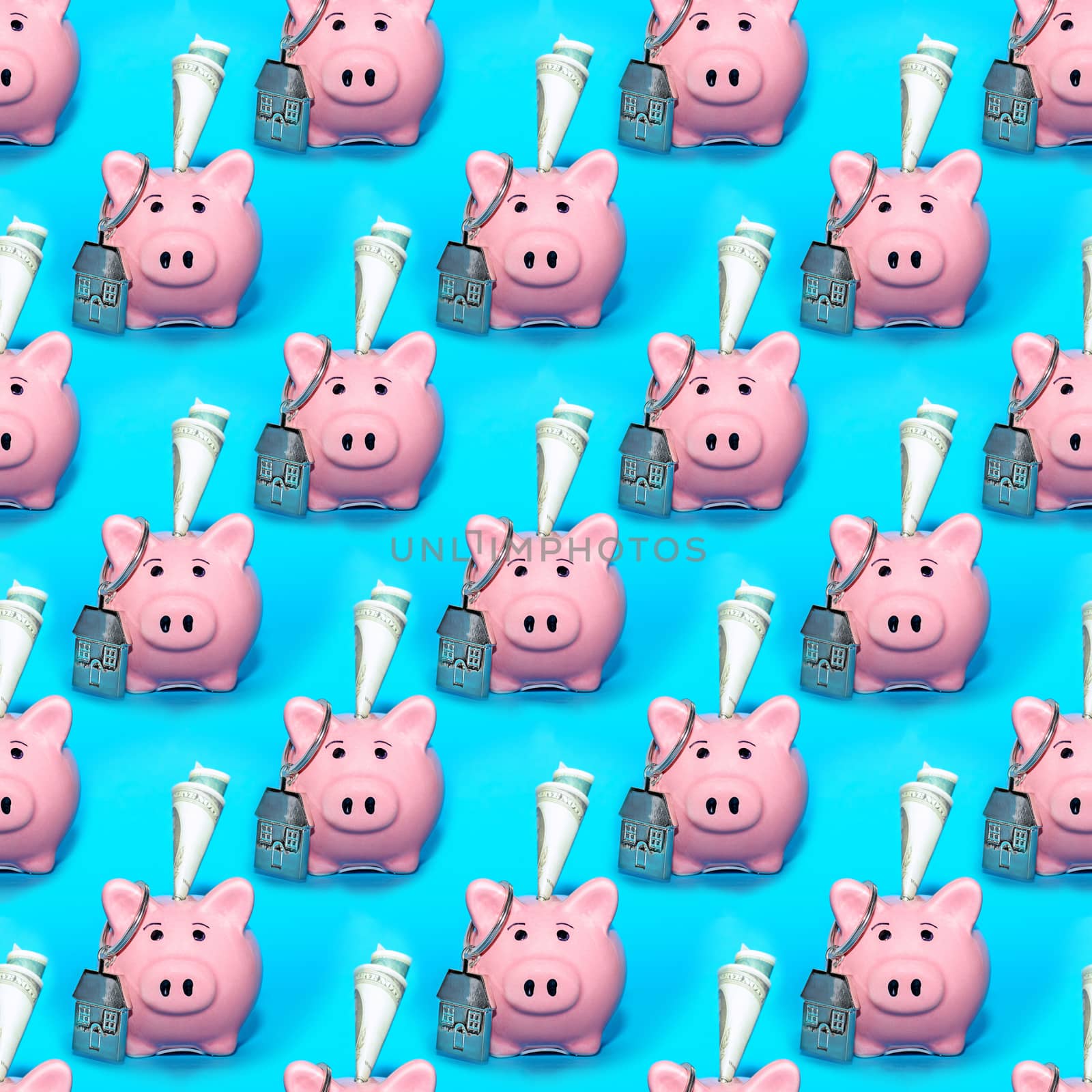 Seamless abstract business background with pink money piggy banks on a blue background