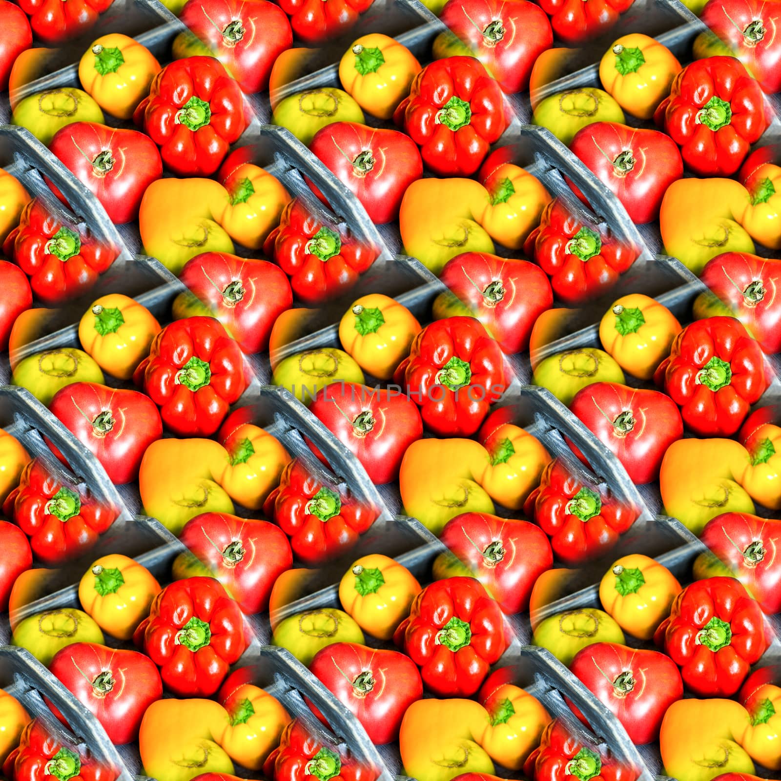 Abstract seamless background with bright red and yellow peppers on a gray wooden tray