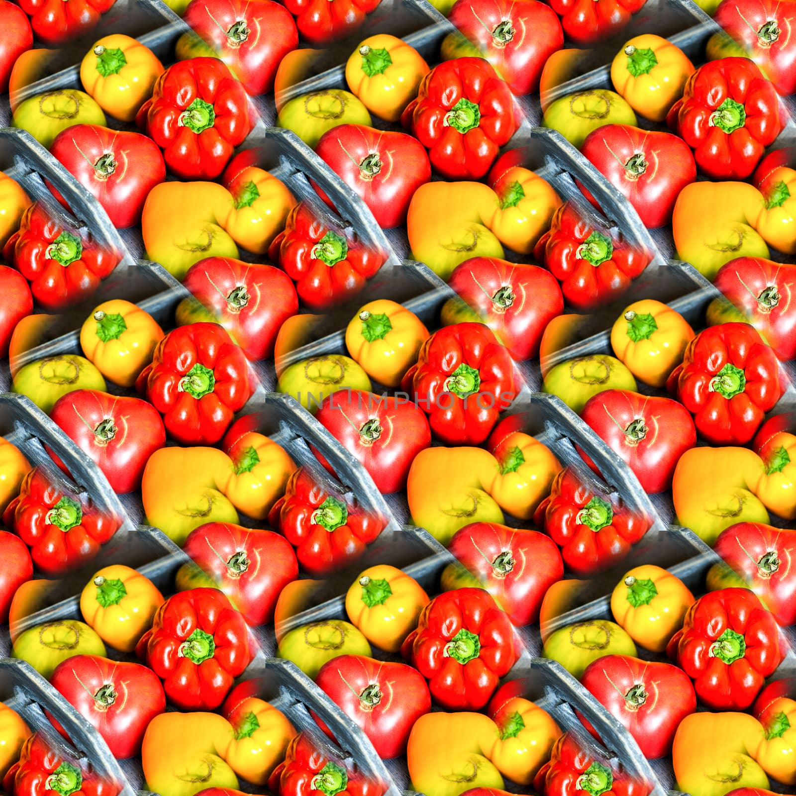 Abstract seamless background with bright red and yellow peppers on a gray wooden tray