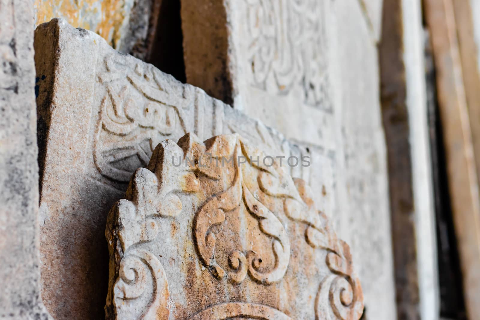 some antique tablets with interesting textures on them at a church at ephesus. photo has taken from izmir/turkey.