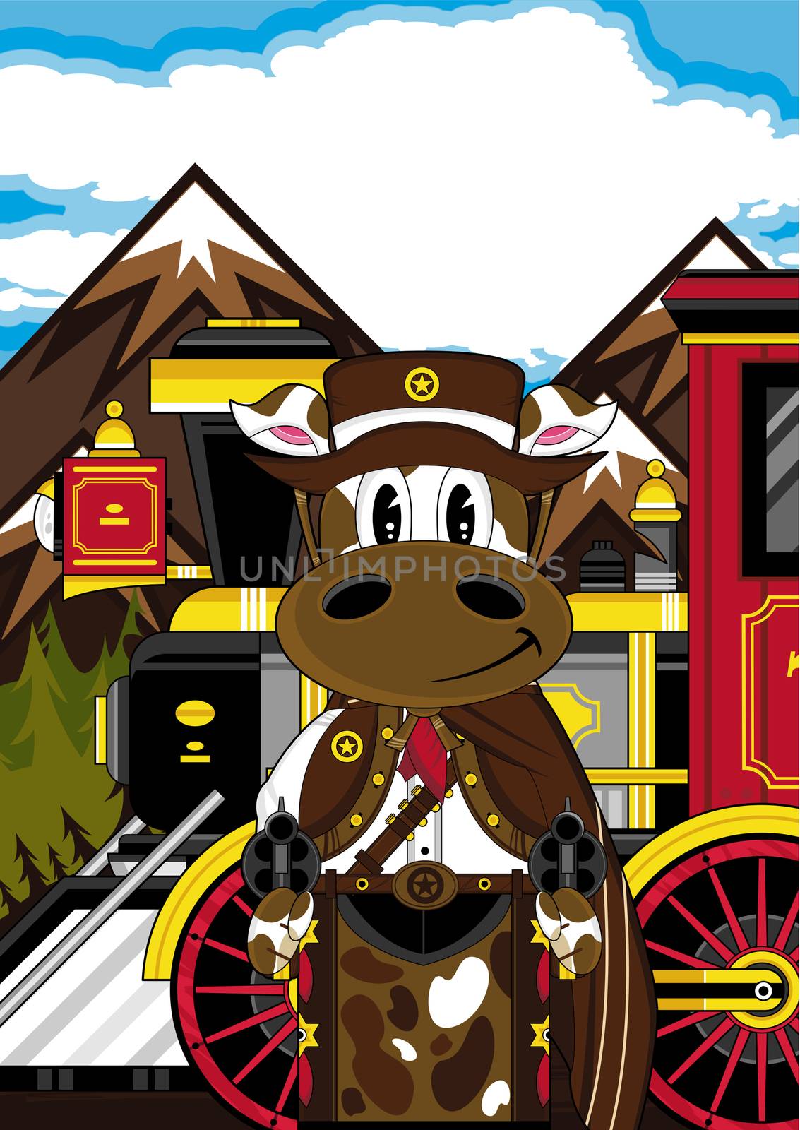 Adorably Cute Cartoon Wild West Cow Cowboy Sheriff and Vintage Steam Train Vector Illustration - by Mark Murphy Creative