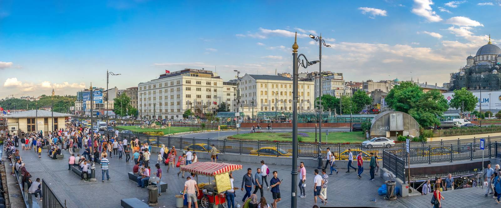 Istambul, Turkey – 07.12.2019. Many people on Eminonu square in Istambul on a sunny summer day