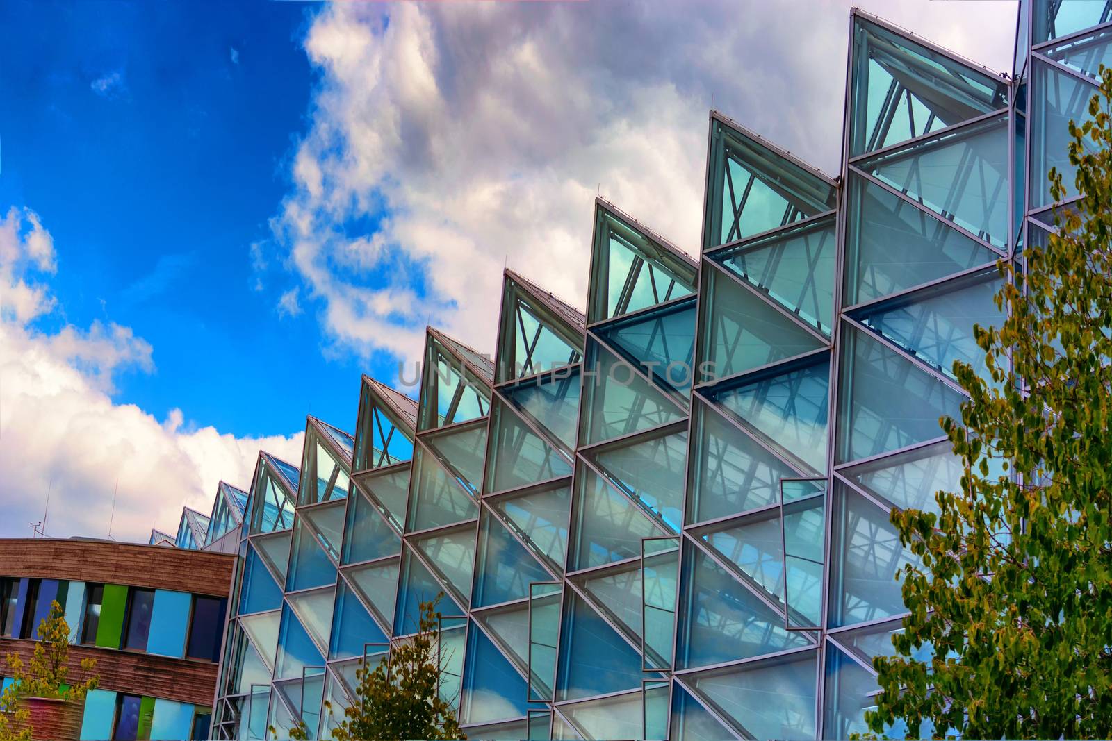 Environment, glass facade and entrance area of the Federal Environmental Agency in Dessau