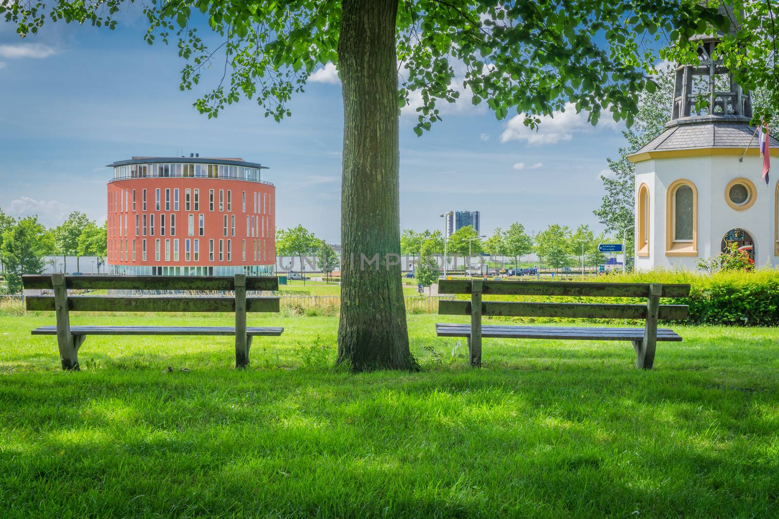 relaxing benches at the park scene with view on buildings and green grass by charlottebleijenberg