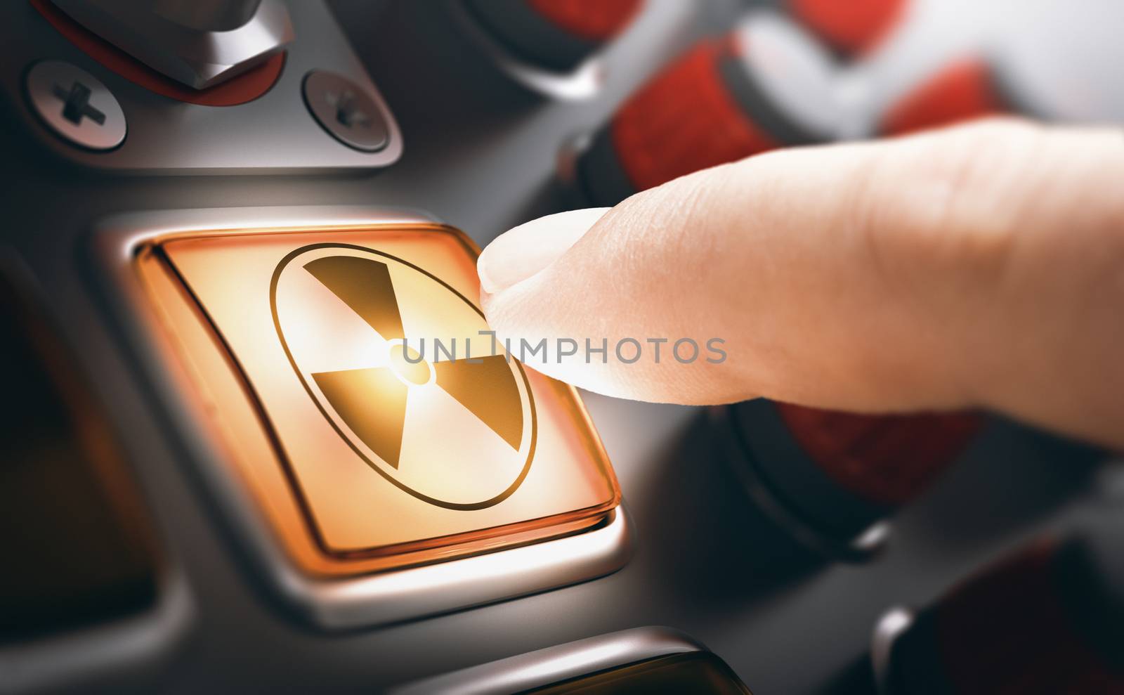 Finger pressing a nuclear button on a control panel. Composite image between a hand photography and a 3D background.